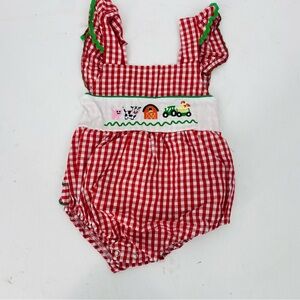 Marie Nicole Clothing Gingham Farm Animal Embroidered Romper Red White Ruffle